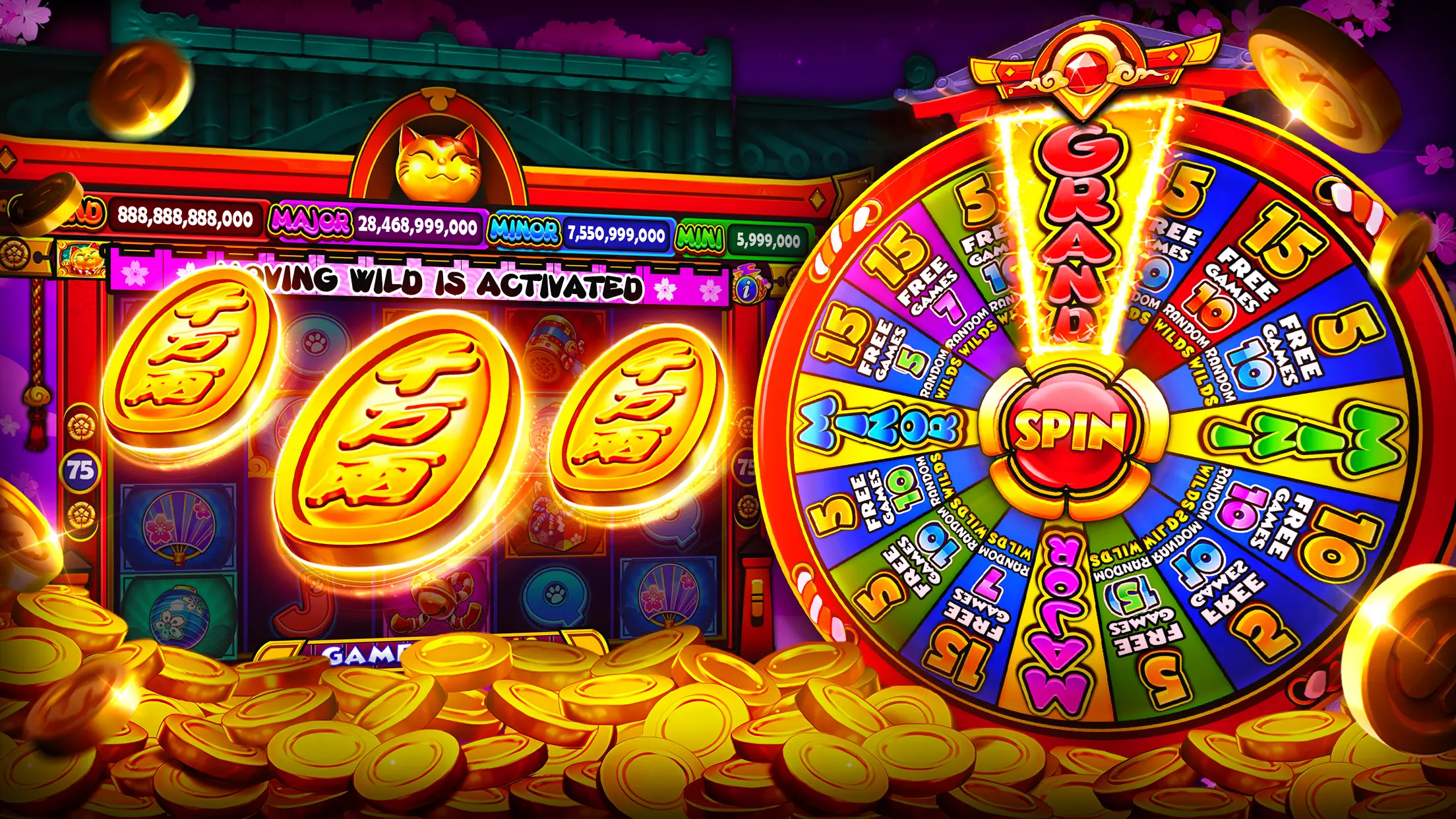 Colourful slot reels with lucky-cat symbols and a bonus wheel